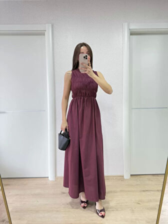 Kolsuz Göğüs Lastıklı %100 Poplin Uzun Elbise - Bordo