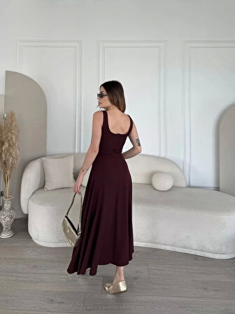 Sırt Dekolteli Kolsuz Uzun Elbise - Mürdüm