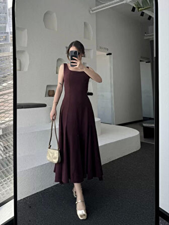 Sırt Dekolteli Kolsuz Uzun Elbise - Mürdüm