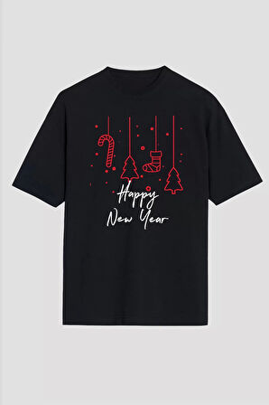 Happy New Year Baskılı T-shirt - Siyah