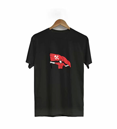 1 Mayıs Emekçilerimiz İçin Özel Tasarım Bayraklı Emekçi Baskılı T-shirt - Siyah