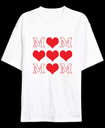 Anneler Gününe Özel Tasarım MOM Kalp Baskılı T-shirt - Beyaz