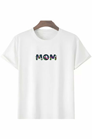 Anneler Gününe Özel Tasarım mom Çiçek Baskılı T-shirt - Beyaz