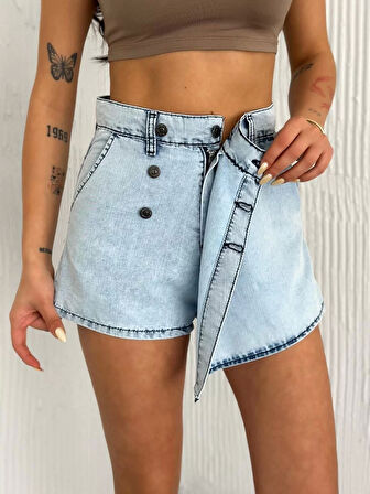 Kot Jeans Kesimetrik Kesim Cepli Şortlu Etek - Gri