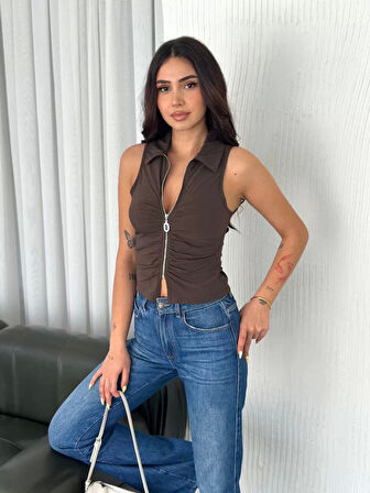 Yakalı Tam Fermuarlı Kolsuz Bluz - Kahverengi