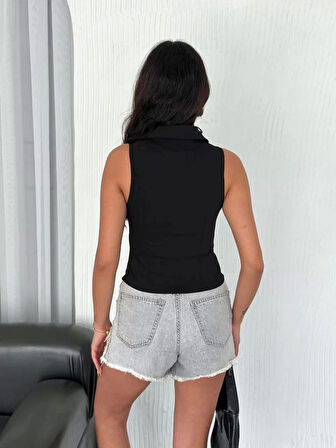 Yakalı Tam Fermuarlı Kolsuz Bluz - Siyah