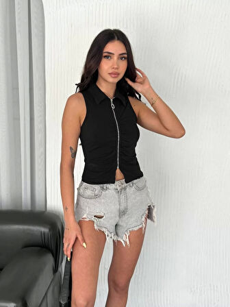 Yakalı Tam Fermuarlı Kolsuz Bluz - Siyah