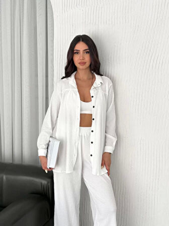 Yakalı Düğmeli Uzun Kollu Gömlek Pantolon ikili Takım - Beyaz