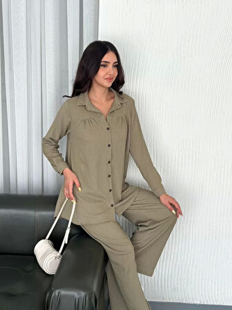 Yakalı Düğmeli Uzun Kollu Gömlek Pantolon ikili Takım - Bej