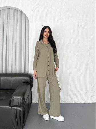 Yakalı Düğmeli Uzun Kollu Gömlek Pantolon ikili Takım - Bej