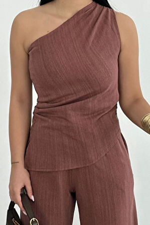 Kadın Keten Asimetrik Tek Omuzlu Bluz Pantalon Takım- Bordo