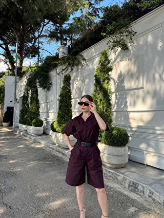 Kadın Yakalı Gömlek Kemerli Şortlu Takım - Bordo