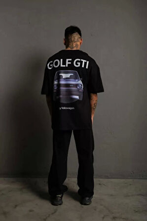 Erkek Sırt Golf Baskılı Oversize T-shirt - Siyah