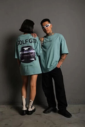 Erkek Sırt Golf Gtı Baskılı Oversize T-shirt - Mint Yeşili