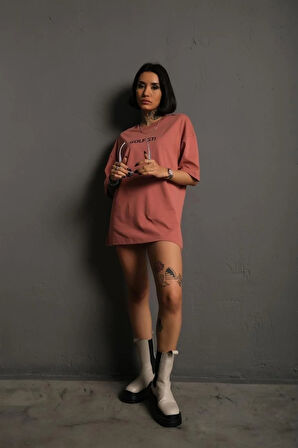 Kadın Sırt Golf Gtı Baskılı Oversize T-shirt - Gül Kurusu