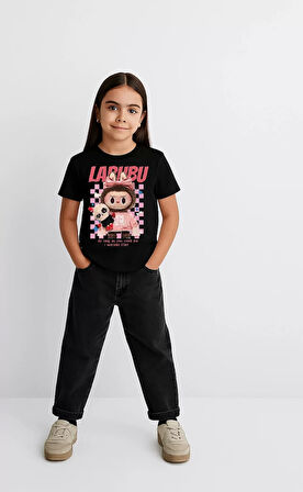 Kız Labubu Çocuk Baskılı T-Shirt - Siyah