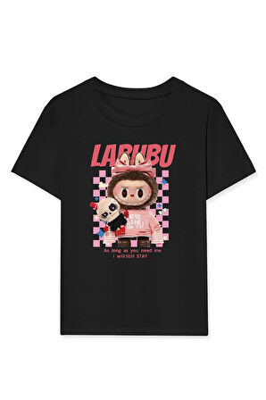 Kız Labubu Çocuk Baskılı T-Shirt - Siyah