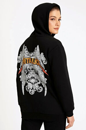 Metallica İki İplik Kapüşonlu Ön ve Arka Baskılı hoodie - Siyah