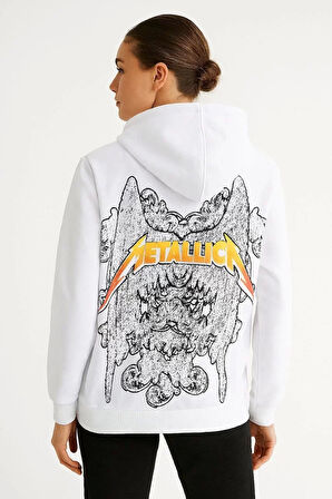 Metallica İki İplik Kapüşonlu Ön ve Arka Baskılı hoodie - Beyaz