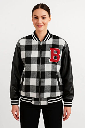 Kolları Suni Deri içi Astarlı Oduncu Kolej içi Ceket - Gri