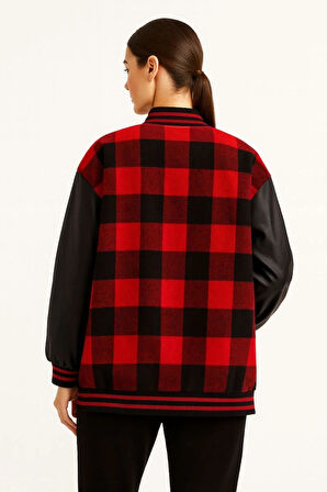 Kolları Suni Deri içi Astarlı Oduncu Kolej içi Ceket - Bordo