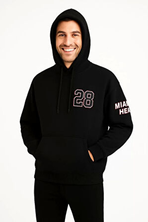 Üç İplik Kapüşonlu Ön ve Arka Baskılı SweatShirt hoodie - Siyah
