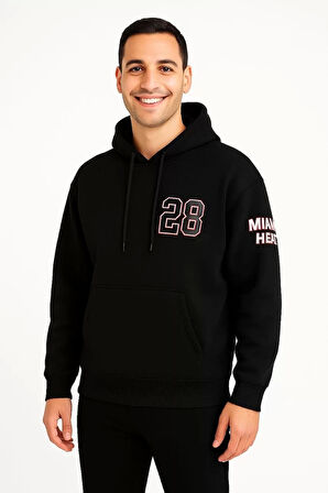 Üç İplik Kapüşonlu Ön ve Arka Baskılı SweatShirt hoodie - Siyah
