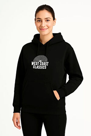 Kadın Üç İplik Kapüşonlu Ön ve Arka Baskılı SweatShirt hoodie - Siyah