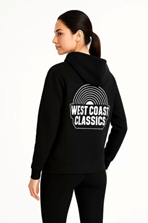Kadın Üç İplik Kapüşonlu Ön ve Arka Baskılı SweatShirt hoodie - Siyah
