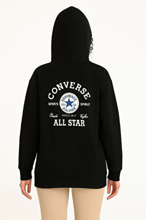 Üç İplik Kapşonlu ön ve Arka Baskılı SweatShirt hoodie- Siyah