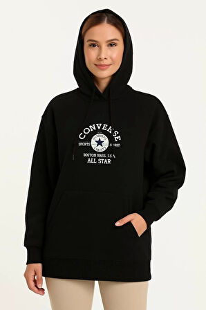 Üç İplik Kapşonlu ön ve Arka Baskılı SweatShirt hoodie- Siyah