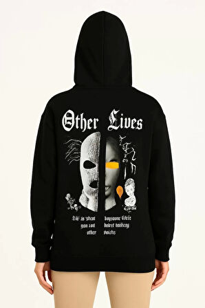 Kadın Üç İplik Kapşonlu ön ve Arka Baskılı SweatShirt hoodie- Siyah