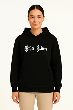 Kadın Üç İplik Kapşonlu ön ve Arka Baskılı SweatShirt hoodie- Siyah
