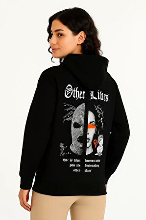 Kadın Üç İplik Kapşonlu ön ve Arka Baskılı SweatShirt hoodie- Siyah