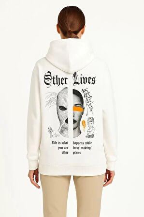Kadın Üç İplik Kapşonlu ön ve Arka Baskılı SweatShirt hoodie- Beyaz