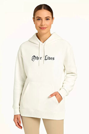 Kadın Üç İplik Kapşonlu ön ve Arka Baskılı SweatShirt hoodie- Beyaz