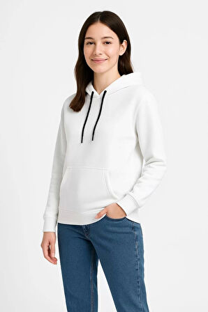 Kadın Üç İplik Kapüşonlu Kanguru Çepli SweatShirt hoodie - Beyaz
