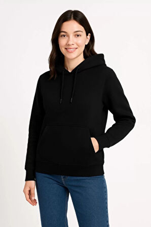 Kadın Üç İplik Kapüşonlu Kanguru Çepli SweatShirt hoodie - Siyah