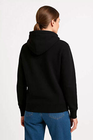 Kadın Üç İplik Kapüşonlu Kanguru Çepli SweatShirt hoodie - Siyah