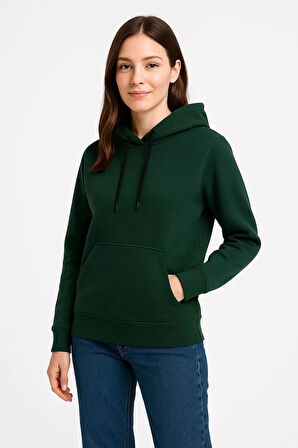 Kadın Üç İplik Kapüşonlu Kanguru Çepli SweatShirt hoodie - Haki