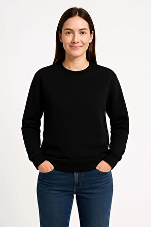 Kadın Üç İplik Düz Bisiklet Yaka SweatShirt  - Siyah