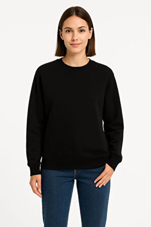 Kadın Üç İplik Düz Bisiklet Yaka SweatShirt  - Siyah
