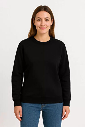 Kadın Üç İplik Düz Bisiklet Yaka SweatShirt  - Siyah