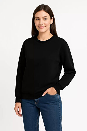 Kadın Üç İplik Düz Bisiklet Yaka SweatShirt  - Siyah