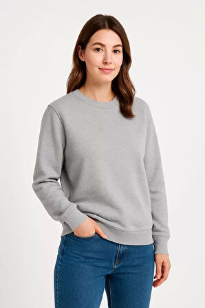 Kadın Üç İplik Düz Bisiklet Yaka SweatShirt - Gri