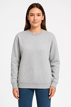 Kadın Üç İplik Düz Bisiklet Yaka SweatShirt - Gri