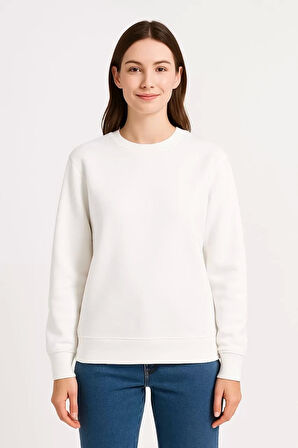 Kadın Üç İplik Düz Bisiklet Yaka SweatShirt - Beyaz