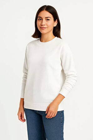 Kadın Üç İplik Düz Bisiklet Yaka SweatShirt - Beyaz