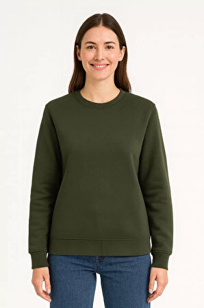 Kadın Üç İplik Düz Bisiklet Yaka SweatShirt - Haki