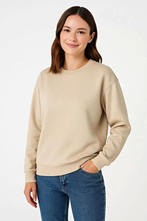Kadın Üç İplik Düz Bisiklet Yaka SweatShirt - Bej